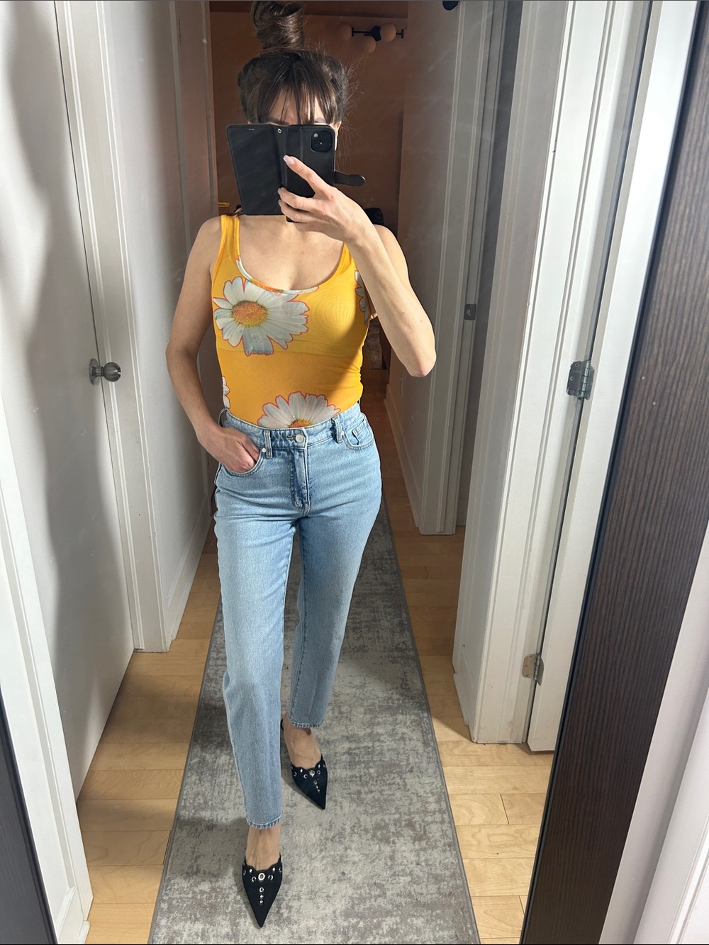 Zara Orange Floral Mesh Bodysuit | Daisy Print Snap Closure